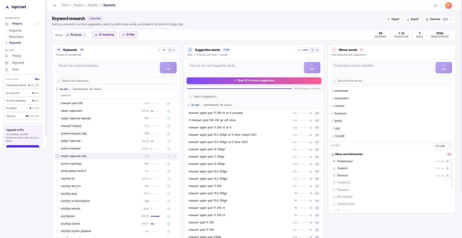 The top-in.net workspace with a keyword project open